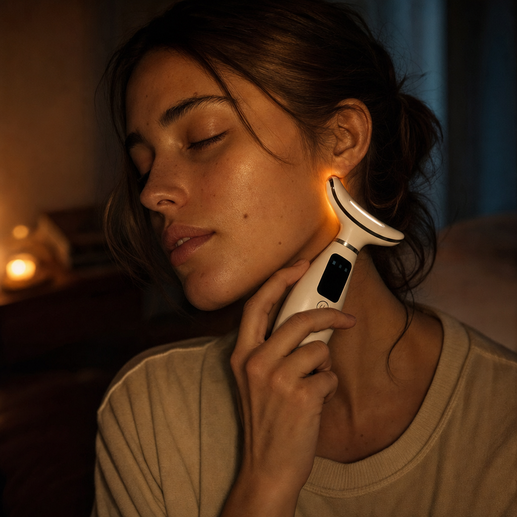 Woman pressing the Solace Pro 1 against her jaw in a dim bedroom, soft amber glow at the masseter, candid evening moment