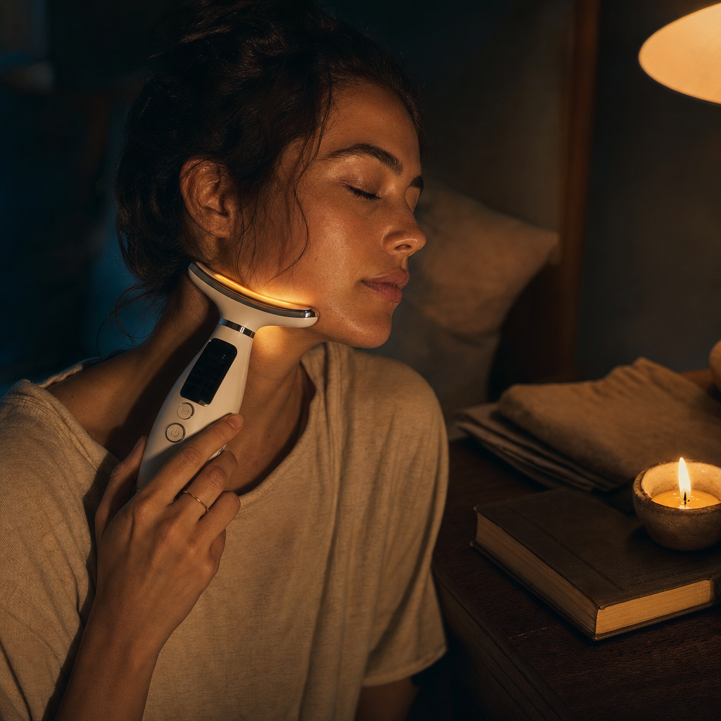 Solace Pro 1 in use on a bed at evening, lit beeswax candle on the nightstand, hardback book, intimate ritual