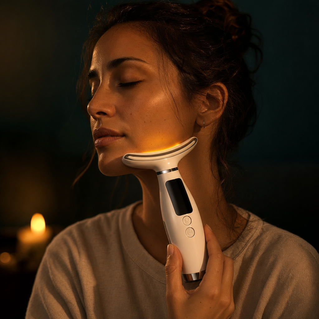 Solace Pro 1 device against the jaw of a woman in cream linen, warm amber glow, intimate evening lighting