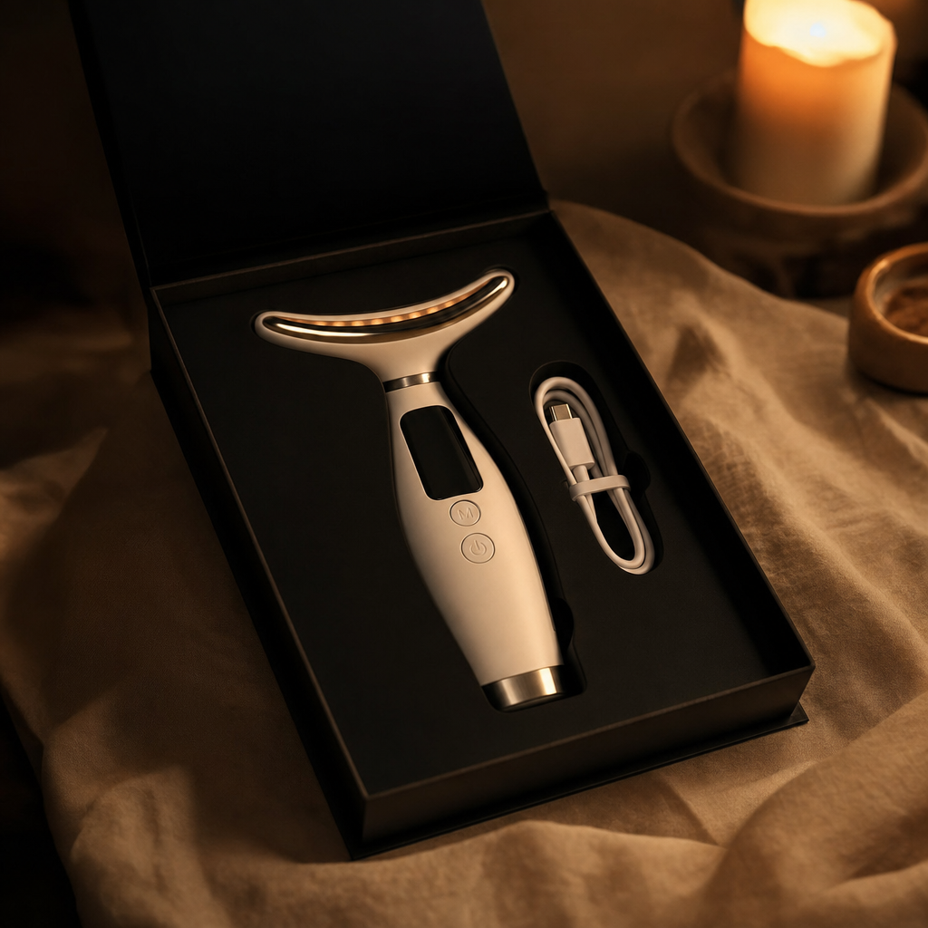 Solace Pro 1 inside its matte black gift box on cream linen, USB-C cable visible, lit candle in background
