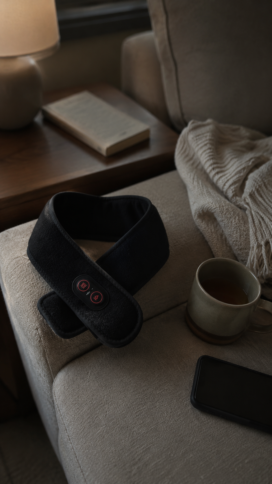 The Solace Pro 1 heated wrap draped on a sofa arm with a cup of tea