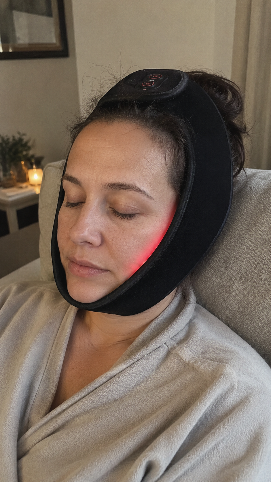 Woman relaxing in a robe with the Solace Pro 1 heated wrap strapped around her jaw, soft red light glowing along the jawline