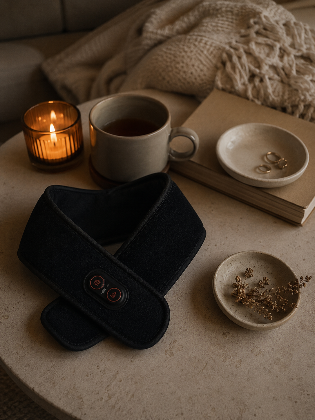 The Solace Pro 1 hands-free jaw and neck wrap on a table beside a cup of tea and a candle